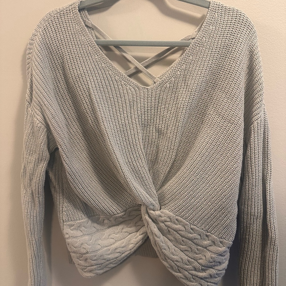 Elegant Gray Twist-Knot Sweater Express